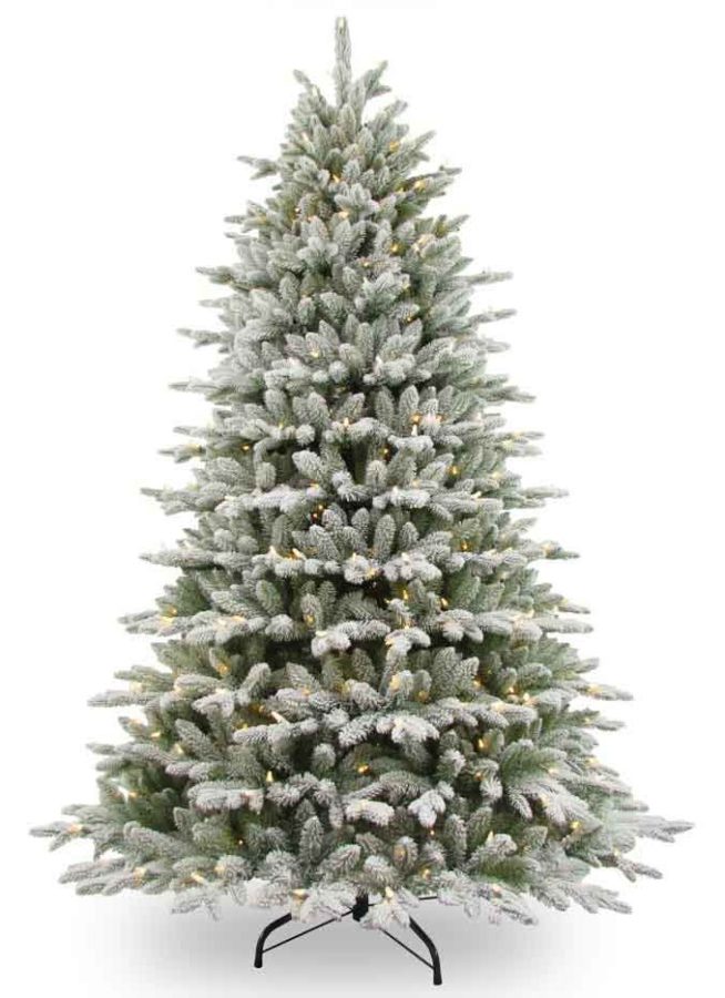 An artificial Christmas tree with snow.