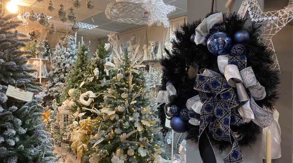 A Christmas wreath displayed in a Christmas shop 