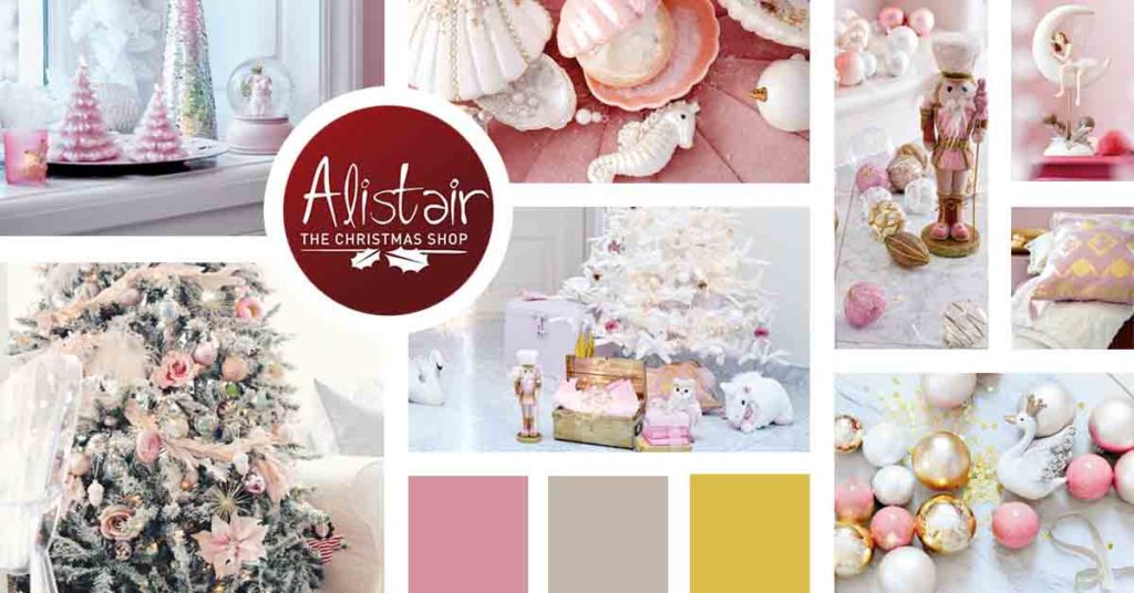 A mood board focusing mainly on pink colored Christmas decor