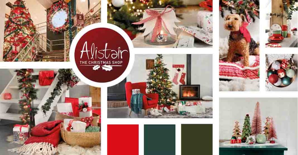 A Christmas theme mood board focusing on a modern red Christmas decor